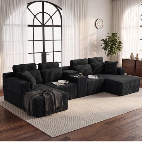 OKWISH Canapé modulaire en U en velours côtelé avec 2 porte-gobelets, noir, 372 x 151 x 80 cm (1/5)
