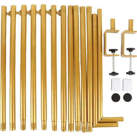 Supporto da tavolo con aste e morsetti, regolabile da 46 a 100 pollici di lunghezza e da 29 a 55 pollici di altezza, con decorazione dorata per appendere l'arco di palloncini. (1/5)