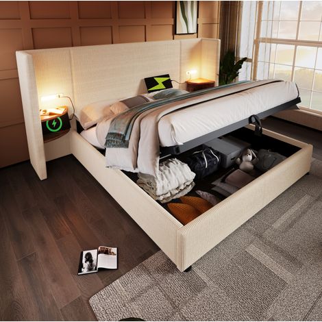 lit adulte coffre rangement 160x200 velours côtelé OKMYHOME (1/5)