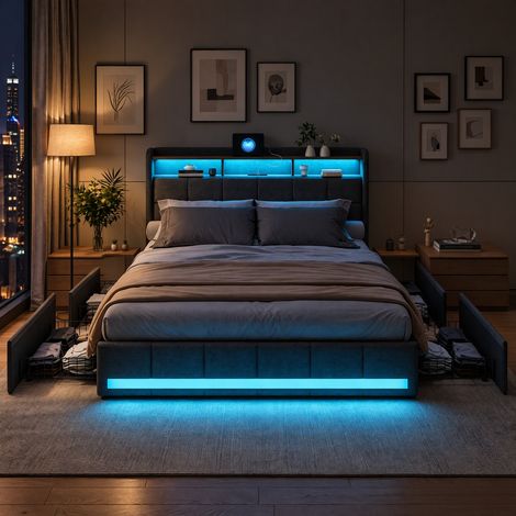 JOOKGBD-Lit Coffre 160x200 cm avec Port USB et LED,Lit Double Rembourré 160x200 cm avec Sommier et Rangement et Tête de lit,lit adolescent,tiroirs de rangement,pour Adulte Adolescent,Lin,Gris