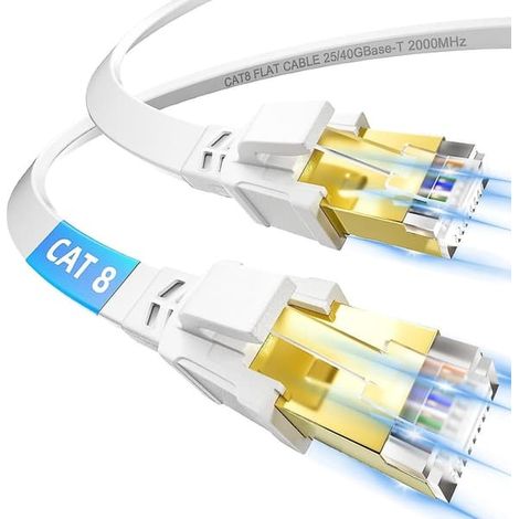 Câble Ethernet Cat8 de 5 m, câble Internet plat haut débit 40 Gbit/s 2000 MHz FTP blindé RJ45 Gigabit, câble réseau intérieur de 5 mètres, blanc (1/5)