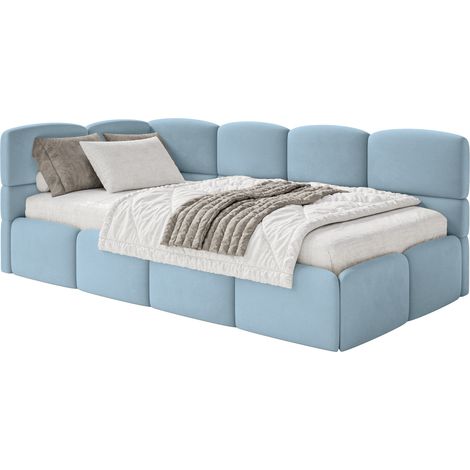 Selsey Cloudy – Jugendbett 120x200, Kopfteil links, Matratze & Bettkasten, Samt Hellblau