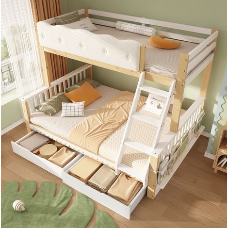 Lit superposé 90x200/140x200 cm - Avec 2 tiroirs et porte-revues - En bois - Blanc et chêne - Sans matelas (1/5)