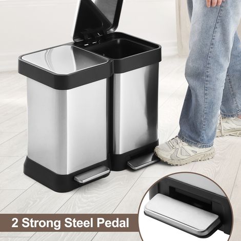 Poubelle de cuisine double 40L (2x20L) acier inoxydable antitraces - Ouverture à pédale - Double couvercle - Idéale pour cuisine, bureau, salle de bain - Sans seau intérieur - Couleur inox (1/5)