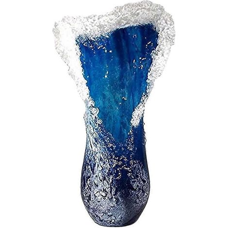 Vase ondulé bleu en résine, motif vagues, idéal pour la décoration de bureau, salon ou café (30 cm). (1/5)