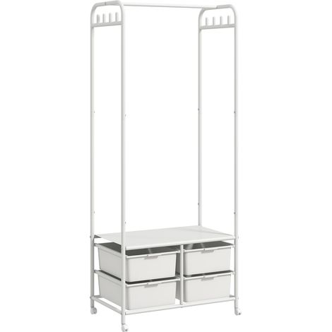 Porte-manteau à roulettes pour entrée, avec 8 crochets, 4 paniers à chaussures et structure en acier, 63 x 37 x 153 cm, blanc
