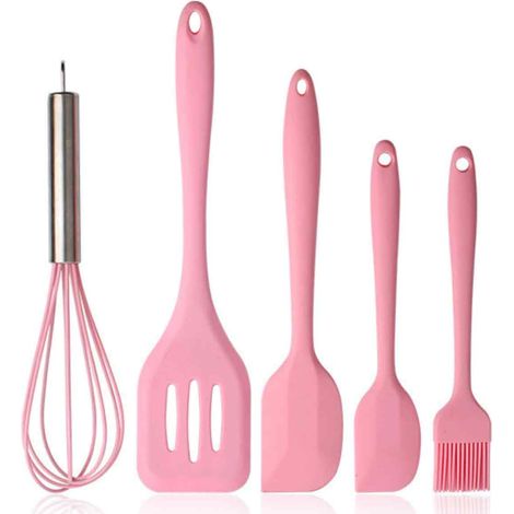 Ensemble d'ustensiles de cuisine antiadhésifs avec spatule - Ensemble de 5 pièces en silicone - Rose (1/5)