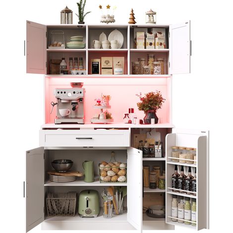 CHICFURN Credenza da cucina 110x38x180 cm in MDF e metallo bianca con LED e prese (1/5)