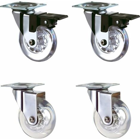 Lot de 4 roulettes transparentes de 50 mm avec frein pour transport, facile à déplacer, convient à toutes les surfaces (50 mm), revêtement caoutchouc transparent, charge totale 160 kg.