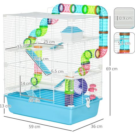 Hamsterkäfig 5 Etagen Nagerkäfig Kleintierkäfig aus Stahldraht mit Laufrad, Rampe, Trinkflasche, Futternapf, Mäusekäfig für Hamster, Rennmaus 59 x 36 x 69 cm, Hellblau+Weiß (1/5)