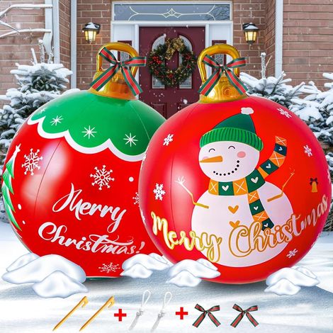 KAHEIGN 2 Bolas de Navidad Inflables Gigantes, 60CM PVC Adorno Decorativo Inflable de Muñeco de Nieve para Árbol de Navidad para Interiores y Exteriores Decoración Navideña Hogar Jardín Césped Patio P