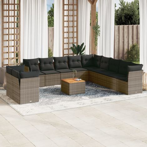 Ensemble canapé de jardin modulaire 12 places gris polyrotin avec coussins et table en acacia, dimensions personnalisables, résine tressée durable, facile à nettoyer. (1/3)