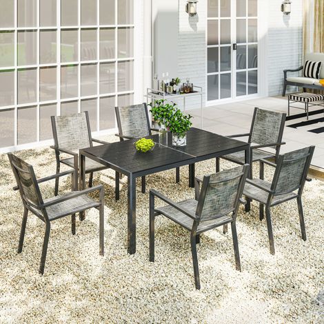 7-teiliges Gartenmöbelset aus Stahl mit rechteckigem Tisch und 6 atmungsaktiven, stapelbaren Stühlen, Grau und Schwarz