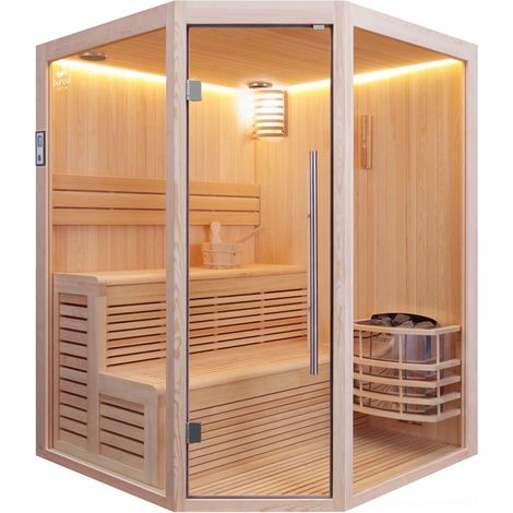 Sauna traditionnel d'angle 3/4 places 160x160x210 cm – Poêle Harvia 6 kW – Isolation performante – Commande digitale externe – Boreal