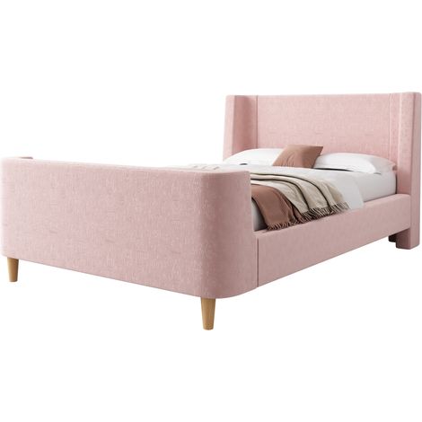 Lit enfant en velours rose 90x200 cm, style traîneau, sommier à lattes inclus, motifs espace (1/5)