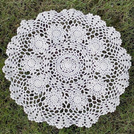 Tapis blanc crocheté à la main en coton, dentelle, forme florale, décoration rétro, coussin rond individuel de 40 cm. (1/4)