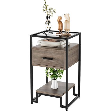 Table d’appoint marron panneau vitré, chevet avec tiroir et étagère salon chambre (1/5)