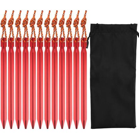 12Pcs Piquets de Camping Triangulaires Léger, 18cm Enjeux de Tente en Alliage d'Aluminium de Y Rouge, Piquets de Tente en Métal avec Corde Réfléchissante Sac de Cordon pour Plein Air Voyage Plage. (1/5)