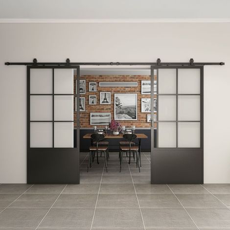 Schulte – Porte coulissante intérieure en verre 205 x 220 cm – Double vantail noir décor industriel – Système coulissant silencieux sur roulement à billes