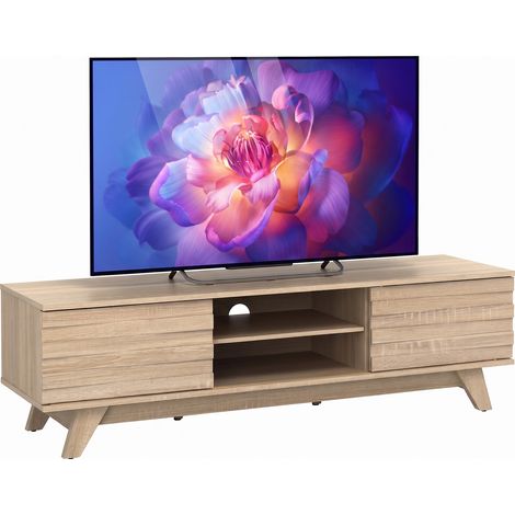 Meuble TV 145 cm pour Écrans Plats Jusqu'à 55" Console Multimédia avec Portes Coulissantes, Étagère Réglable, 6 Pieds Stable et Passe-Câble (1/5)
