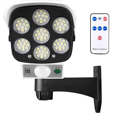 Lampe solaire d'extérieur avec détecteur de mouvement sans fil et caméra de sécurité factice IP66 étanche 77 LED lampe murale spot pour cour, jardin, terrasse, garage, allée (1/4)