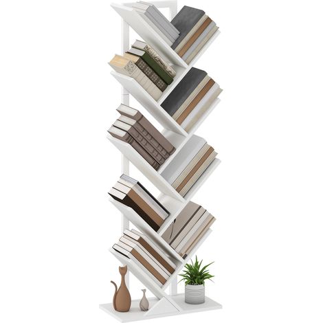 Bibliothèque en forme d'arbre à 9 étagères avec système anti-basculement, idéale pour le salon ou la chambre, 50 x 24 x 136 cm, blanche. (1/5)