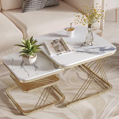 Couchtisch 2er Set 60/45 cm, quadratischen, glänzende Tischplatte aus Holz mit Marmor-Effekt aus PVC und Metallbeinen, Industriedesign - Gelb