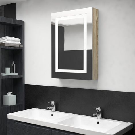 Armoire de salle de bain à miroir LED, Meuble de Rangement, Placard de Rangement Toilettes Blanc et chêne 50x13x70cm MJU63941 (1/5)