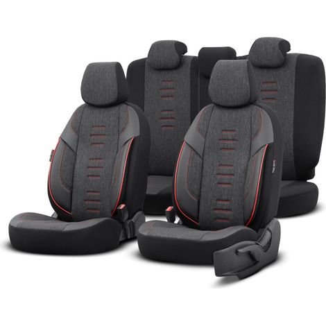 Komplettset Luxus-Sitzbezüge OTOM – Textil mit Kunstleder, THRONE Design – Schwarz mit roter Naht, für Vorder- und Rücksitze