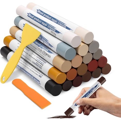 Lot de 20 bâtonnets de cire pour la réparation du bois – Bâtonnets de mastic pour plinthes, placards et parquets (inclut 2 spatules) (1/5)