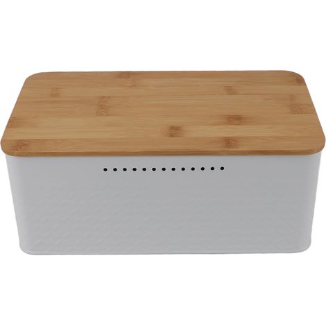 Boîte à pain rectangulaire de grande capacité avec couvercle en bambou perforé de trous d'aération, idéale pour le plan de travail (blanche). (1/5)