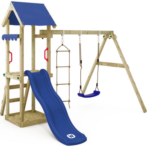 Wickey Parco giochi in legno TinyCabin Giochi da giardino con altalena e scivolo Torre d'arrampicata da esterno con sabbiera e scala di risalita per bambini - blu (1/5)