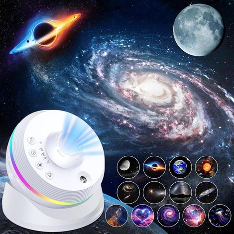 Projecteur ciel étoilé 4K HD planétarium LED blanc, 13 disques, rotation 360°, minuterie, projection étoiles météores, décoration chambre (1/5)