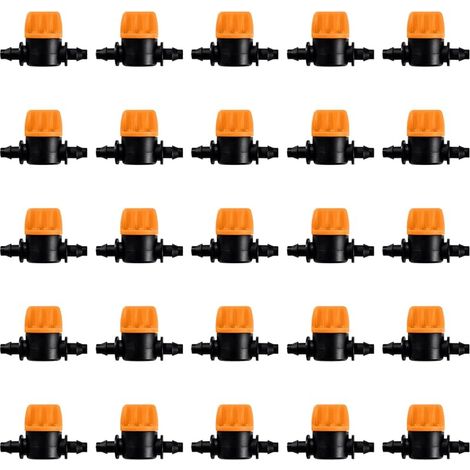 25 Pièces 4/7 Vanne D'irrigation, Mini Valves de Contrôle pour Tuyau d'arrosage 4/7mm, Valves d'arrêt Cannelées 1/4 Pouce Tuyau d'irrigation Goutte à Goutte, Mini Tuyau Vanne d'eau Travers