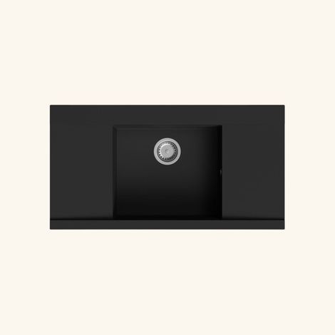 Kümbad – Évier granit noir 1 bac 2 égouttoirs – Pose à encastrer – Dimensions 960x510mm – Bonde incluse – Préparation robinetterie