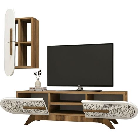 Dmora - Parete attrezzata Nemb, Composizione soggiorno, Mobile salotto multiuso, Armadio porta TV, 145x35h37 cm, Noce e Bianco, con imballo rinforzato, con imballo rinforzato