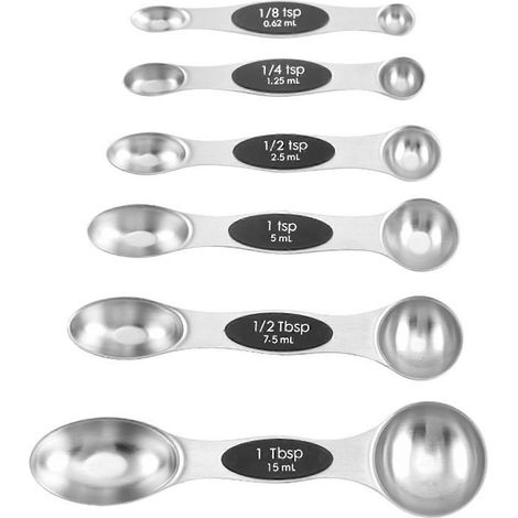 Ensemble de 6 cuillères doseuses magnétiques en acier inoxydable à double extrémité pour ingrédients secs et liquides, empilables, outil de cuisine précis pour la pâtisserie et la cuisine (noir). (1/5)