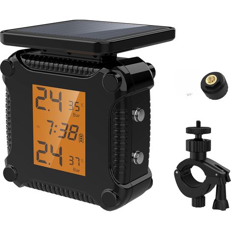 Sistema de monitoreo de presión de neumáticos para motocicletas LIFCAUSAL resistente al agua con carga solar, gran pantalla LCD de alarma y 2 sensores externos. (1/5)