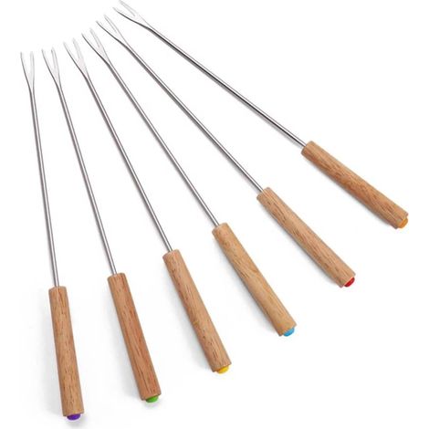 Fourchette À Barbecue - Acier Inoxydable - Manche En Bois - Rétractable - 32 Pouces - Pour Feu De Camp Et Grillades - 6 Pièces (1/4)