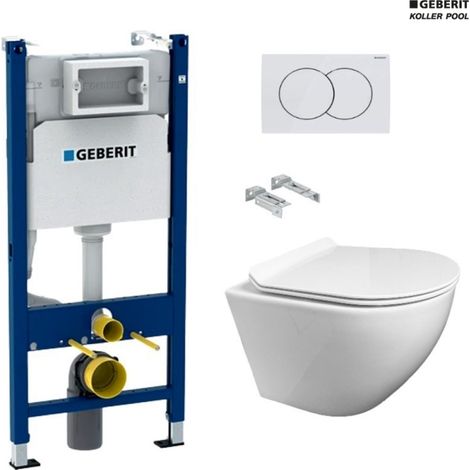 Bastidor GEBERIT Duofix pack cisterna empotrada y pulsador DELTA 01 bl br con WC suspendido KP ROUND SMART Blanco Tapa Fina