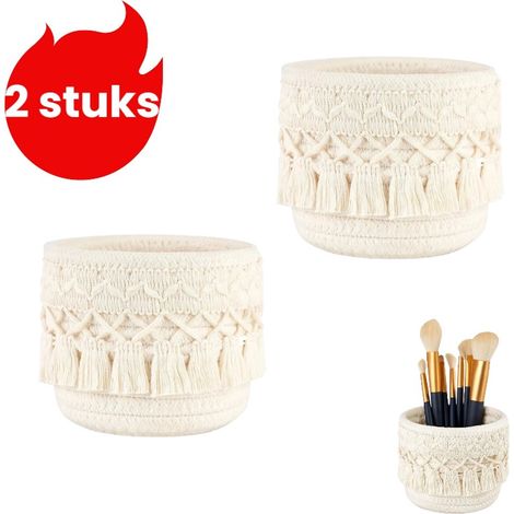 Ensemble de 2 paniers de rangement ronds tressés avec pompons pour table et pinceaux de maquillage couleur blanche (1/5)
