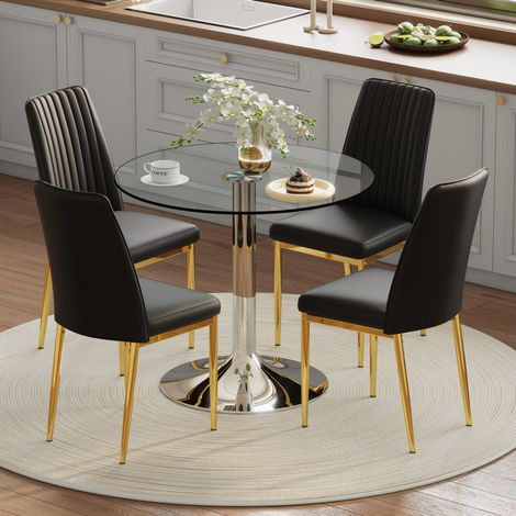 Esstisch Set (85x85x76 cm), mit transparentem Glastisch, Metallgestell, Glas und PU Leder, Schwarz Silber (1/5)