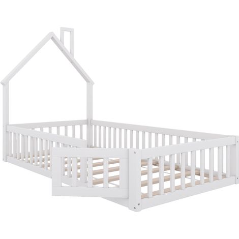 Cama cabaña infantil 90 x 200 cm de pino y MDF con somier de láminas, blanca (1/5)