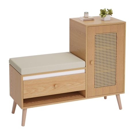 Étagère à chaussures en rotin, banc d'entrée avec rangement intégré, siège rembourré, tiroirs et compartiments ouverts – meuble multifonctionnel pour hall d’entrée avec 1 porte