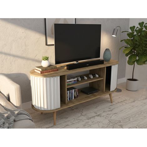 Dmora - Mueble de televisión Aludra, Aparador de salón, Mueble bajo para TV, Base de pared equipada, 140x43h64 cm, Roble y Blanco, con embalaje reforzado (1/5)