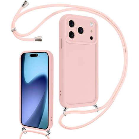 Coque pour iPhone 壹柒 Pro 6,3" avec Cordon de Collier Réglable, Etui Protection de la Caméra Silicone Souple TPU Antichoc Housse avec Corde Lanyard Cover pour Femmes Filles, Rose (1/5)