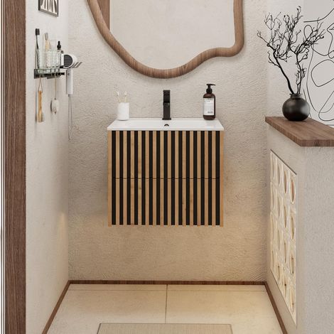 UEV Meuble Salle de Bain 60cm, Meuble Suspendu avec Lavabo en Céramique, Deux Tiroirs avec Grand Espace de Rangement, Poignée Cachée, Motif de Ligne, 60 x 45 x 50cm, Naturel