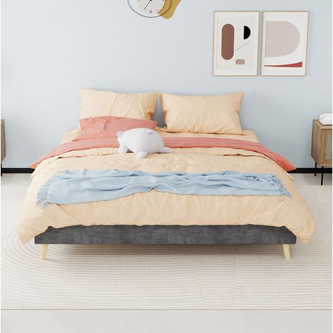 Lit moderne en tissu gris et métal 160x200 cm, cadre plateforme avec matelas inclus (1/5)