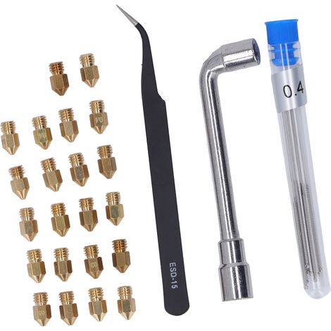 Lot de 22 buses laiton MK8 pour imprimante 3D Creality Ender, diamètres 0,2 à 1,0 mm (0,2/0,3/0,4/0,5/0,6/0,8/1,0), avec aiguille de nettoyage 0,4 mm et outil inclus, pièces de rechange extrusion. (1/5)