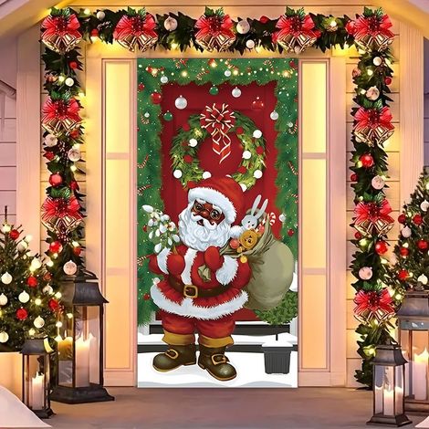 Rideau de porte de Noël 2026, bannière extérieure avec fond photo Père Noël et chien, tissu à suspendre - 90 x 180 cm (œillets + ruban) - 14